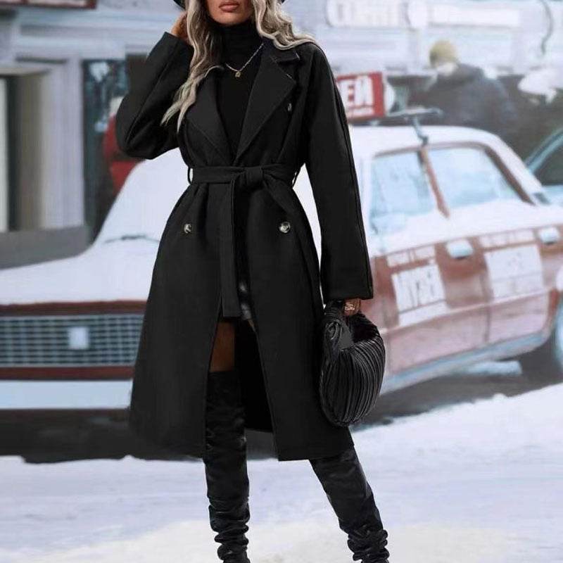 Elegant Women's Lapel Double-Breasted Trench Coat with Belt – Stylish Winter Solid Color Long Jacket" - EMPRIZE 360