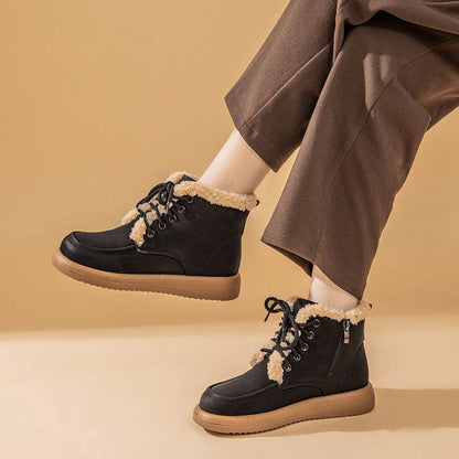 Women's Lace-up Plush Snow Boots – Winter Warm Fleece Flat Ankle Boots - Emprize360