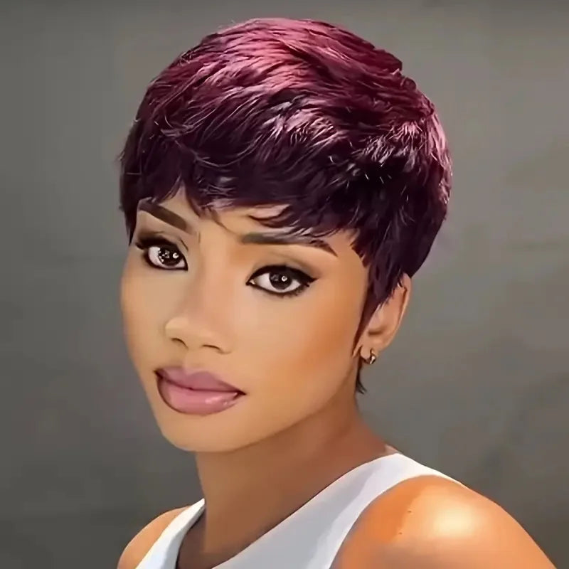 Burgundy Short Human Hair Wig | Brazilian Remy | Machine Made, Ready to Wear - Emprize360
