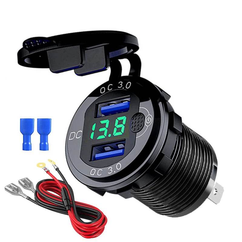 Quick Charge Aluminum QC3.0 Dual USB Car Charger with LED Voltage Display & Switch Button - Emprize360
