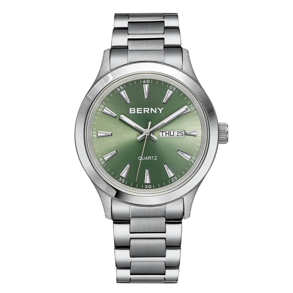 BERNY Men's Luminous Quartz Watch – Stainless Steel & Silicone Business Dress Wristwatch with Week & Date Calendar - Emprize360