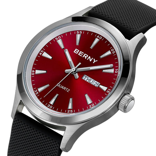 BERNY Men's Luminous Quartz Watch – Stainless Steel & Silicone Business Dress Wristwatch with Week & Date Calendar - Emprize360