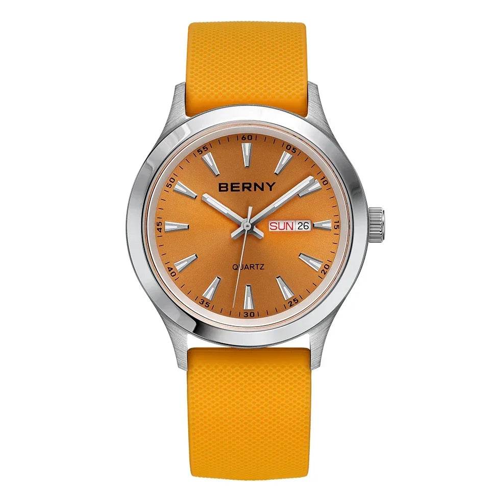BERNY Men's Luminous Quartz Watch – Stainless Steel & Silicone Business Dress Wristwatch with Week & Date Calendar - Emprize360