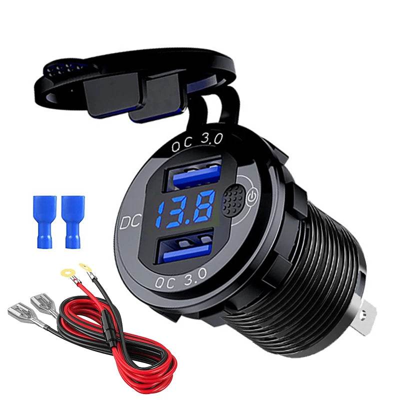 Quick Charge Aluminum QC3.0 Dual USB Car Charger with LED Voltage Display & Switch Button - Emprize360