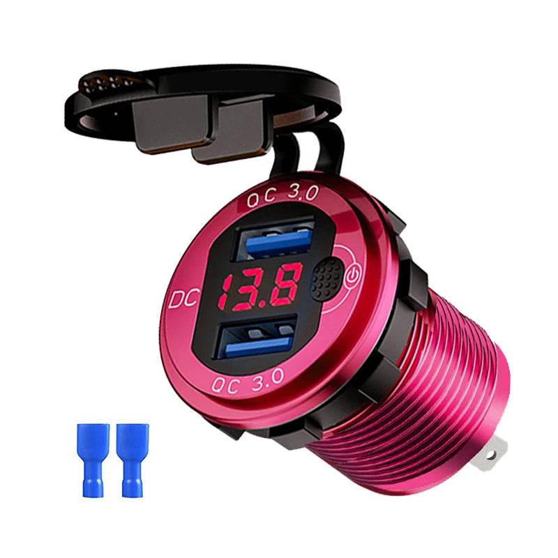Quick Charge Aluminum QC3.0 Dual USB Car Charger with LED Voltage Display & Switch Button - Emprize360