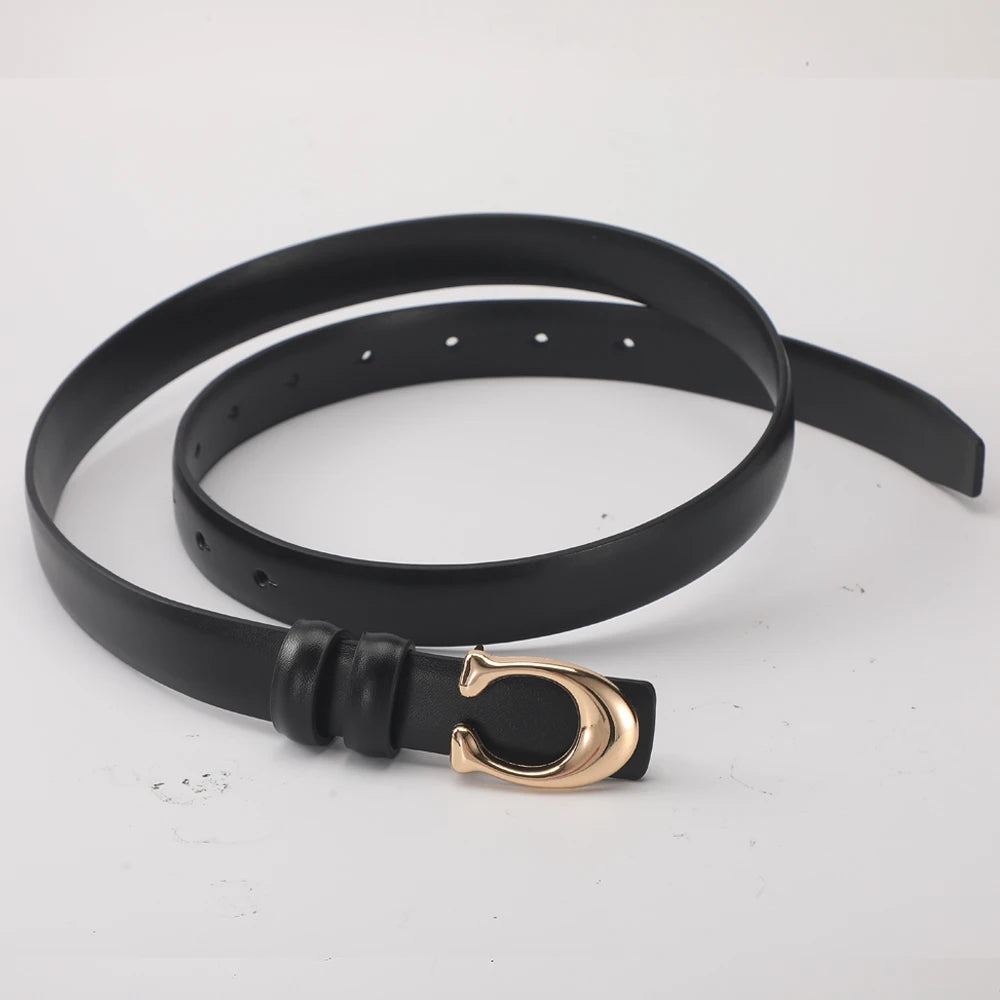 Women Gold Buckle Leather Belt Adjustable Waist for Jeans & Dresses