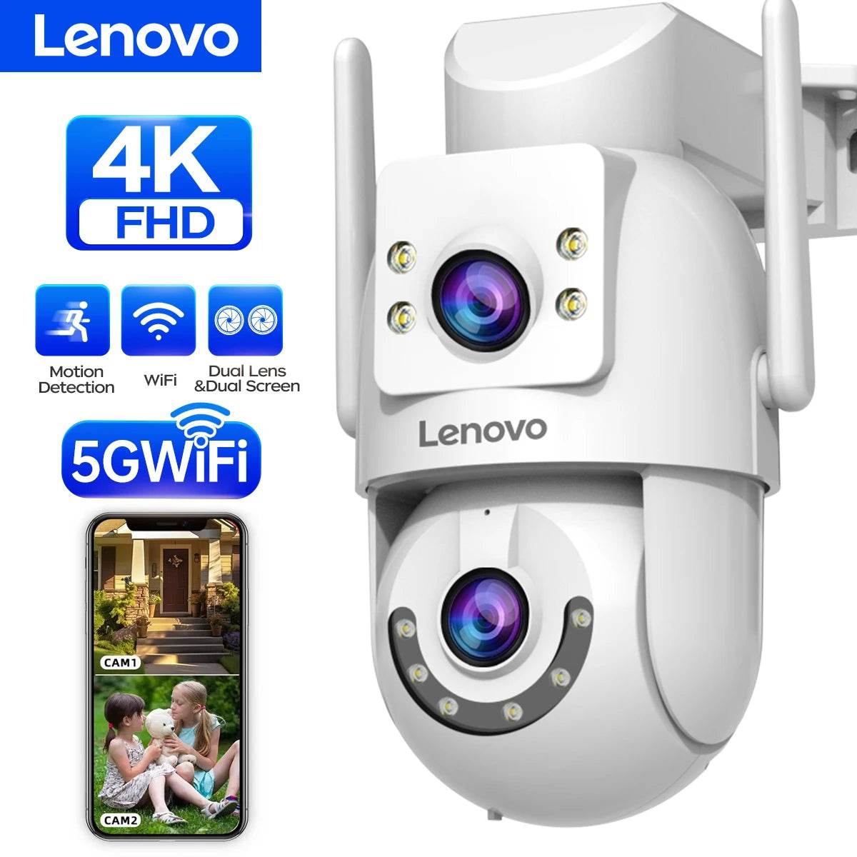 Lenovo Dual-Lens 4MP/6MP HD PTZ WiFi Camera: 5G Smart Outdoor Security with Auto-Tracking & Audio" - EMPRIZE 360