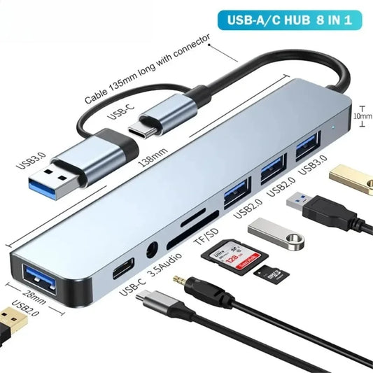 8-in-2 USB-C Hub with Detachable SD/TF Card Reader and USB 3.0/2.0 Ports
