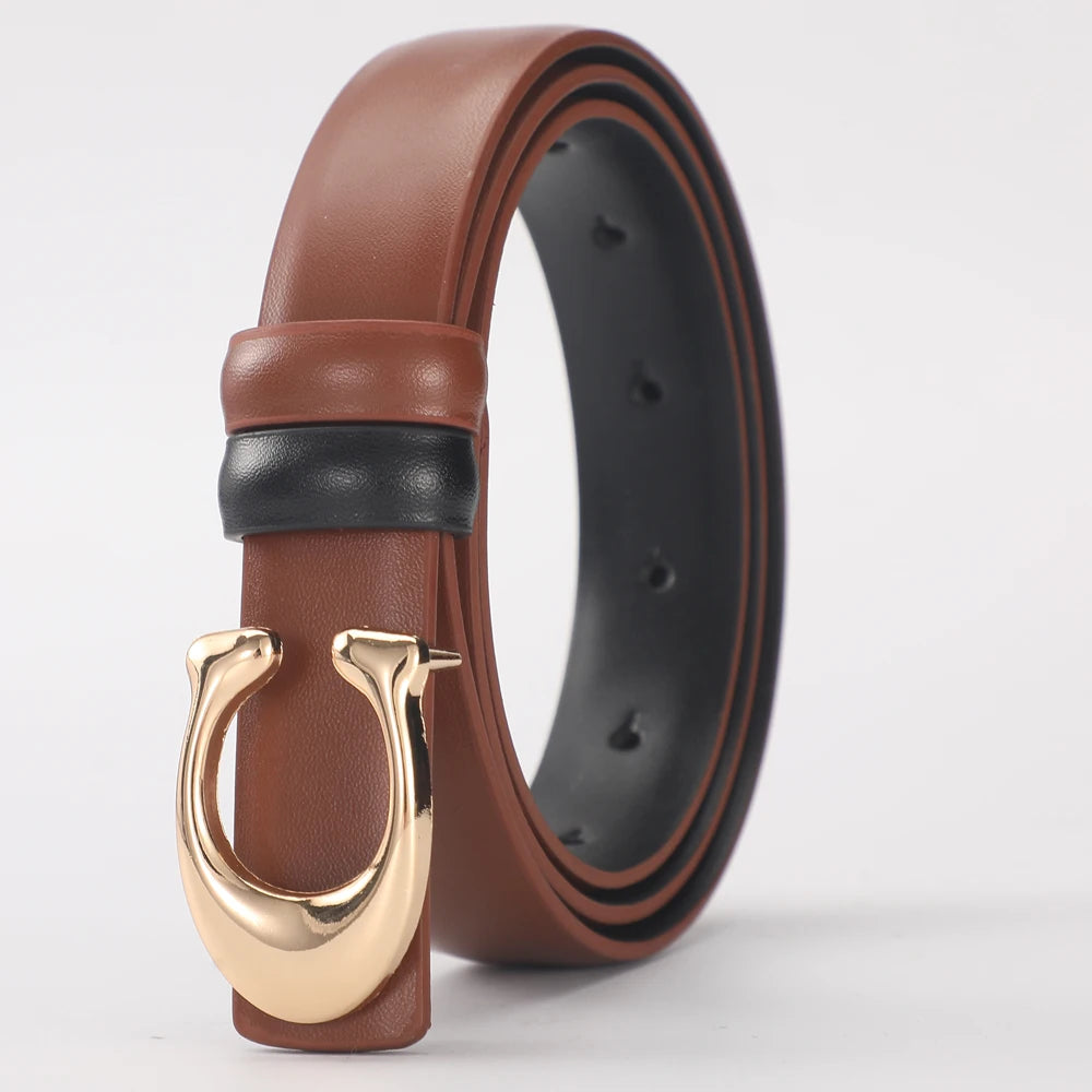 Women Gold Buckle Leather Belt Adjustable Waist for Jeans & Dresses