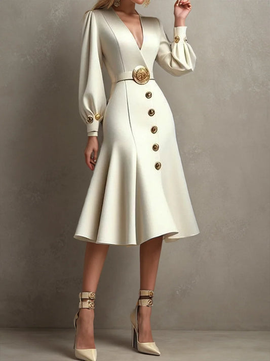 Women's Elegant V-Neck Pleated Midi Dress"