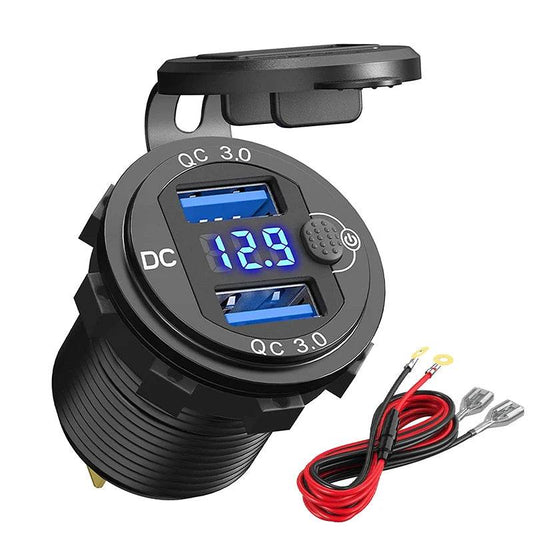 Quick Charge Aluminum QC3.0 Dual USB Car Charger with LED Voltage Display & Switch Button - Emprize360