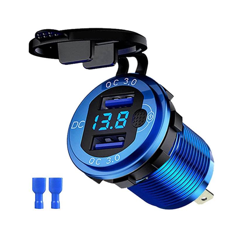 Quick Charge Aluminum QC3.0 Dual USB Car Charger with LED Voltage Display & Switch Button - Emprize360