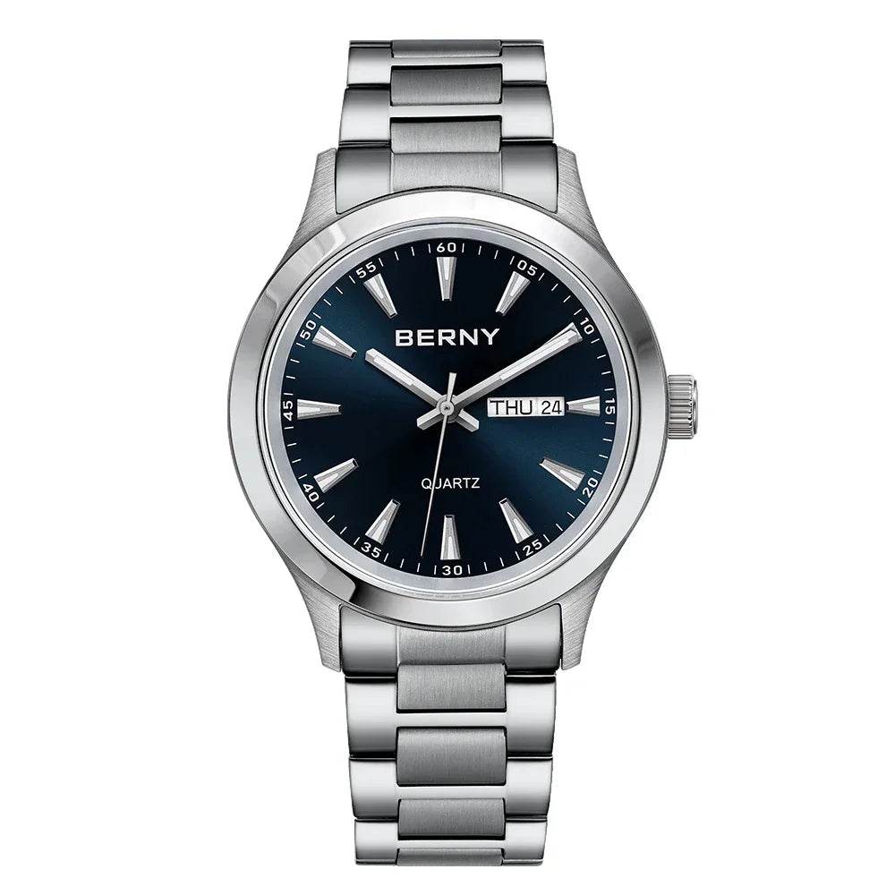BERNY Men's Luminous Quartz Watch – Stainless Steel & Silicone Business Dress Wristwatch with Week & Date Calendar - Emprize360