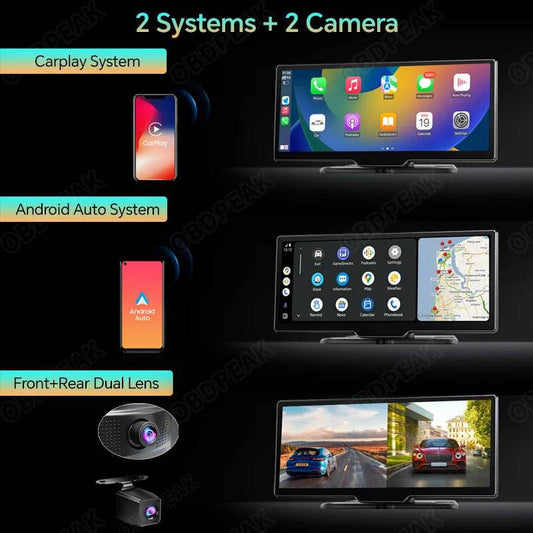 10.26'' 4K Dash Cam with Rearview Mirror – WiFi, Wireless CarPlay &amp; Android Auto, Dual Lens DVR, GPS &amp; Bluetooth FM - Emprize360