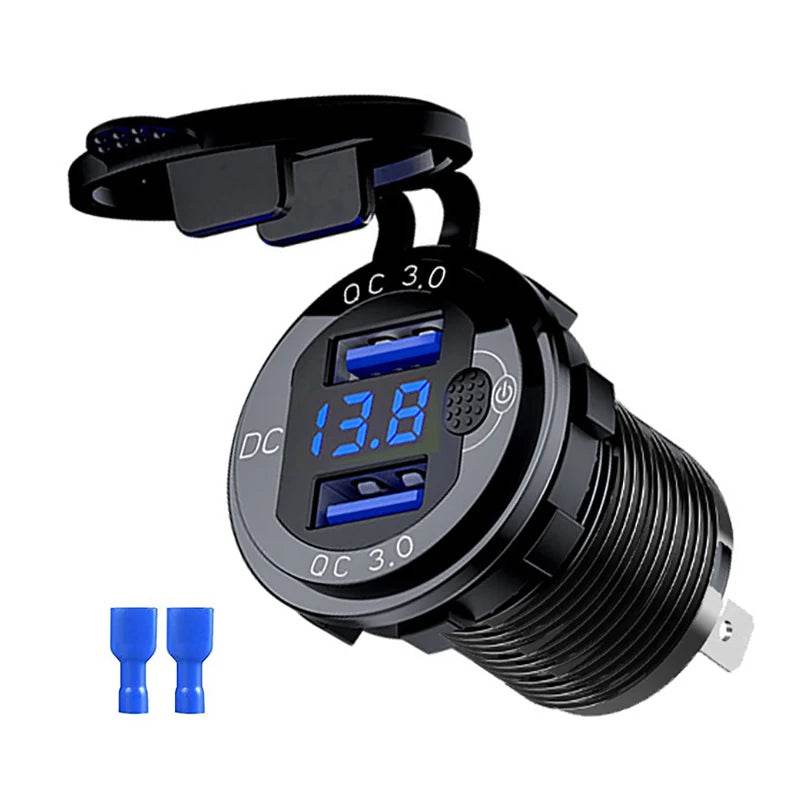Quick Charge Aluminum QC3.0 Dual USB Car Charger with LED Voltage Display & Switch Button - Emprize360
