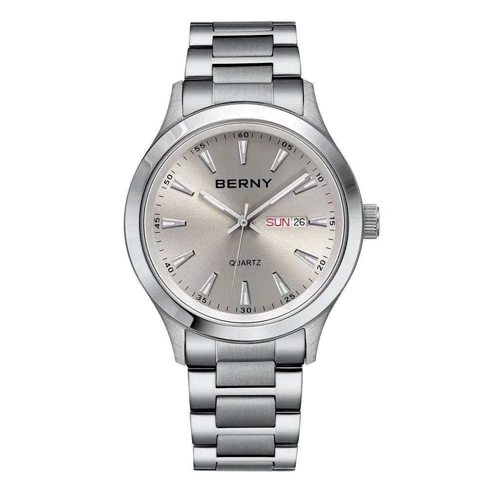 BERNY Men's Luminous Quartz Watch – Stainless Steel & Silicone Business Dress Wristwatch with Week & Date Calendar - Emprize360