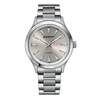 BERNY Men's Luminous Quartz Watch – Stainless Steel & Silicone Business Dress Wristwatch with Week & Date Calendar - Emprize360
