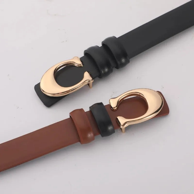 Women Gold Buckle Leather Belt Adjustable Waist for Jeans & Dresses