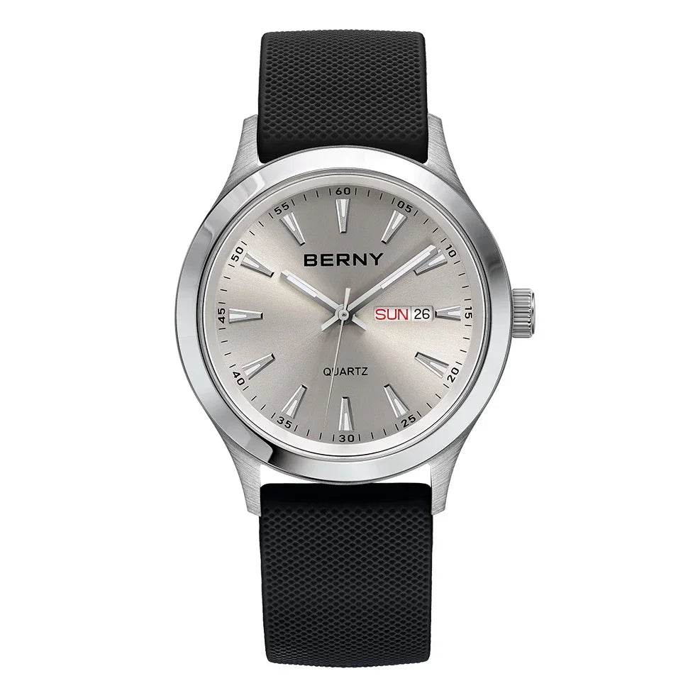 BERNY Men's Luminous Quartz Watch – Stainless Steel & Silicone Business Dress Wristwatch with Week & Date Calendar - Emprize360