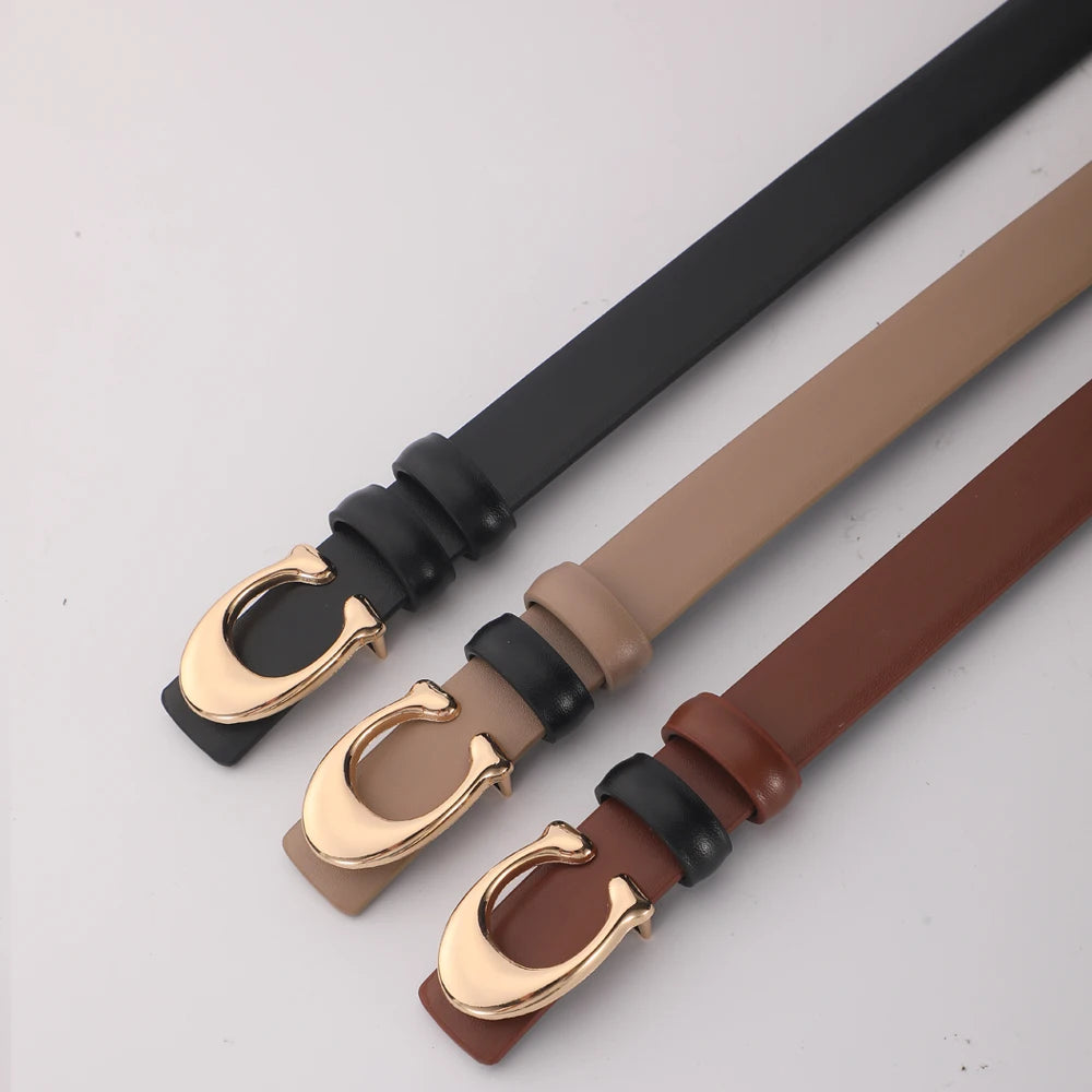 Women Gold Buckle Leather Belt Adjustable Waist for Jeans & Dresses