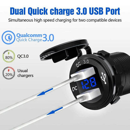 Quick Charge Aluminum QC3.0 Dual USB Car Charger with LED Voltage Display & Switch Button - Emprize360
