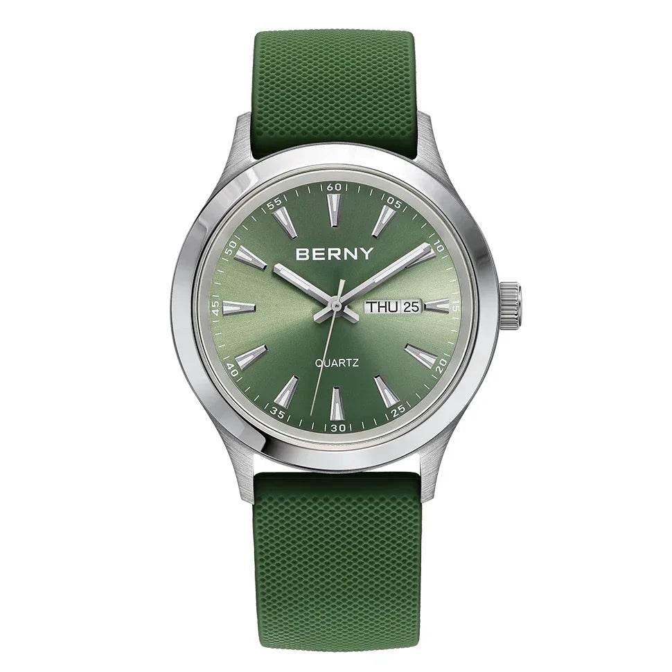 BERNY Men's Luminous Quartz Watch – Stainless Steel & Silicone Business Dress Wristwatch with Week & Date Calendar - Emprize360