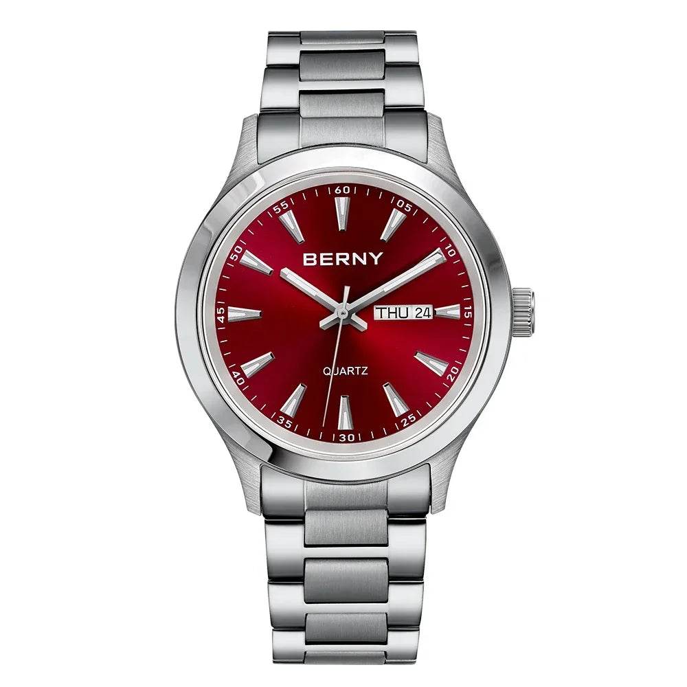 BERNY Men's Luminous Quartz Watch – Stainless Steel & Silicone Business Dress Wristwatch with Week & Date Calendar - Emprize360