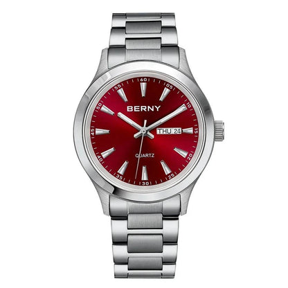 BERNY Men's Luminous Quartz Watch – Stainless Steel & Silicone Business Dress Wristwatch with Week & Date Calendar - Emprize360