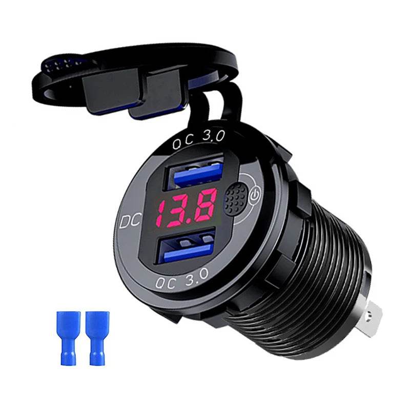 Quick Charge Aluminum QC3.0 Dual USB Car Charger with LED Voltage Display & Switch Button - Emprize360