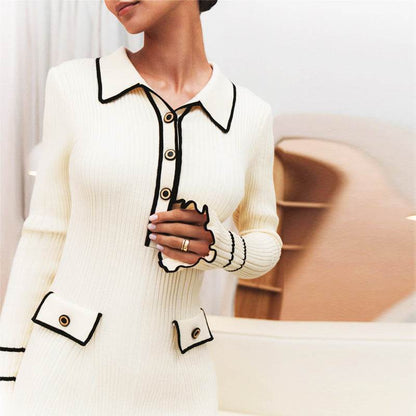 Trumpet-sleeved Knitted Dress Fashion Slim Lapel Button Dresses Fall Wainter Women's Clothing - Emprize360