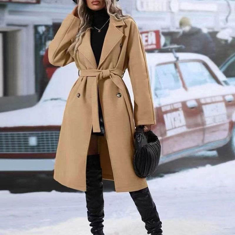 Elegant Women's Lapel Double-Breasted Trench Coat with Belt – Stylish Winter Solid Color Long Jacket" - EMPRIZE 360