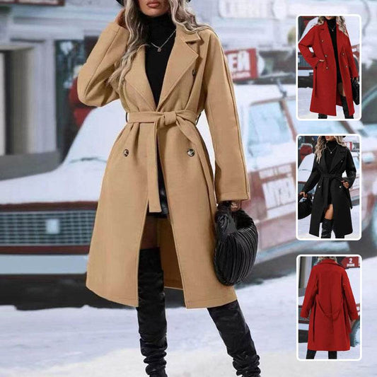 Elegant Women's Lapel Double-Breasted Trench Coat with Belt – Stylish Winter Solid Color Long Jacket" - EMPRIZE 360