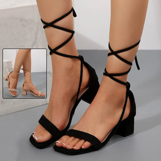Summer Lace-Up Sandals – Trendy Square Toe Chunky Heels - Emprize360