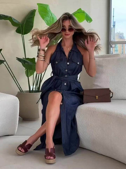 Denim Sleeveless Single-breasted Lace-up Dress - Emprize360