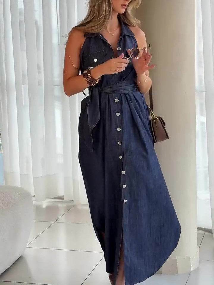 Denim Sleeveless Single-breasted Lace-up Dress - Emprize360