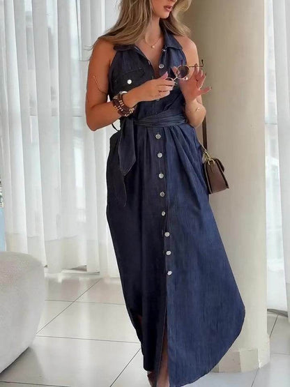 Denim Sleeveless Single-breasted Lace-up Dress - Emprize360